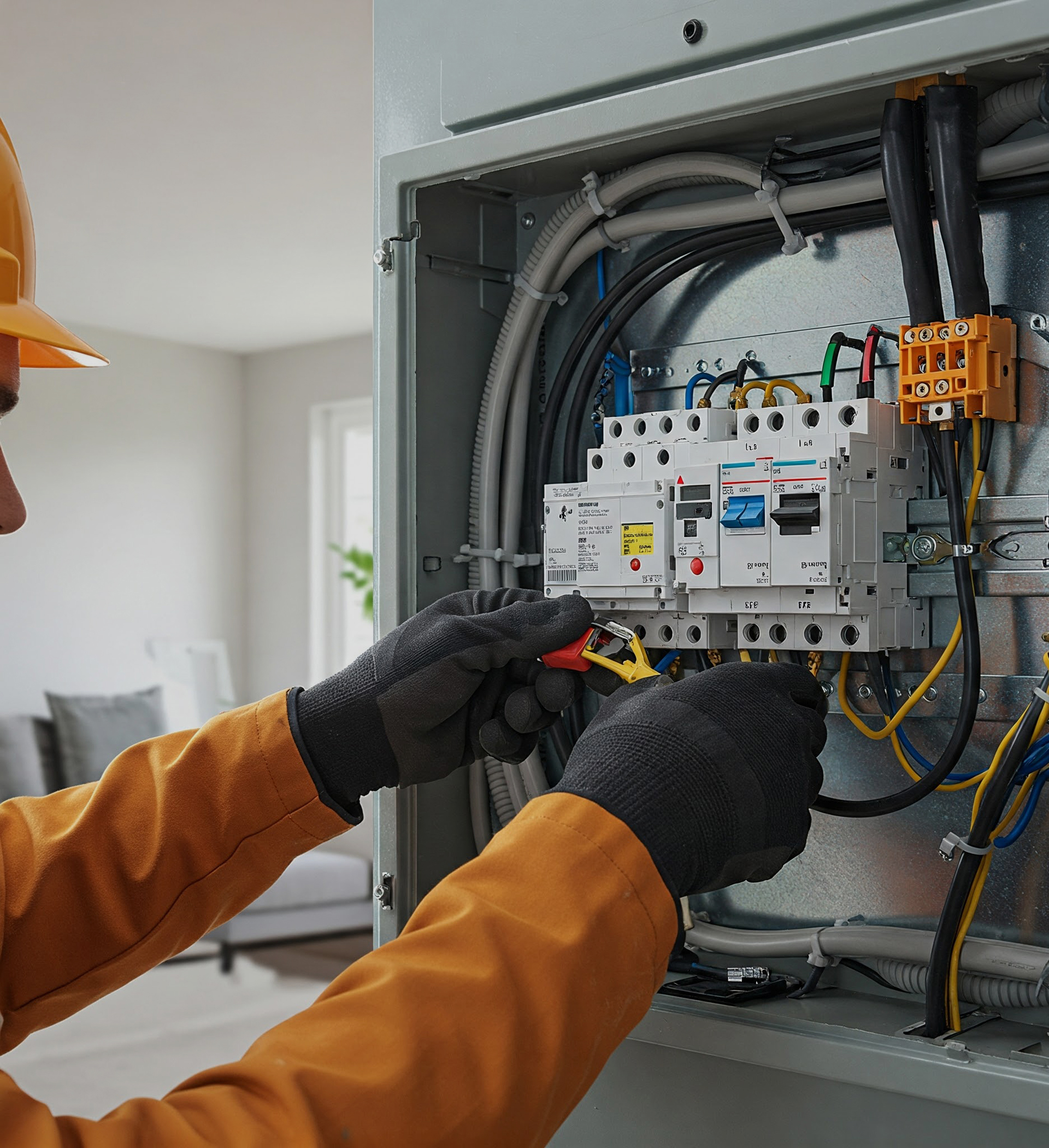 Image of an electrical worker, working on an electrical box